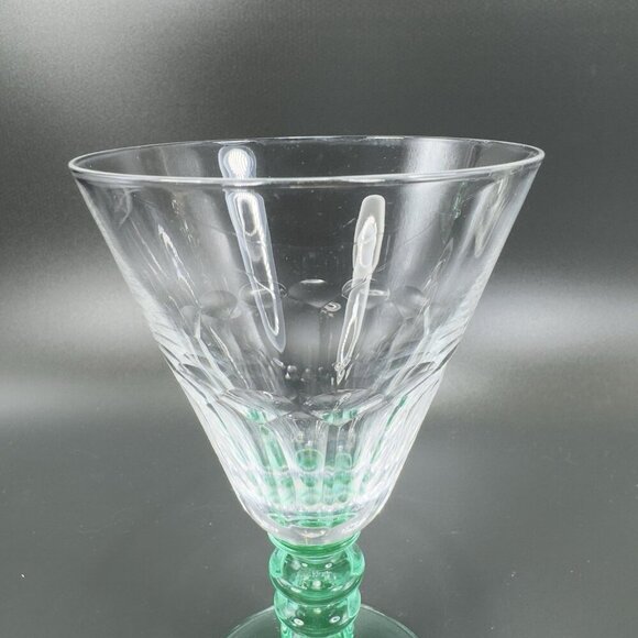 Seneca Theodule Clear Top Green Uranium Stem Optic Cut Top Goblet Cups Set 2 VTG - Picture 10 of 16